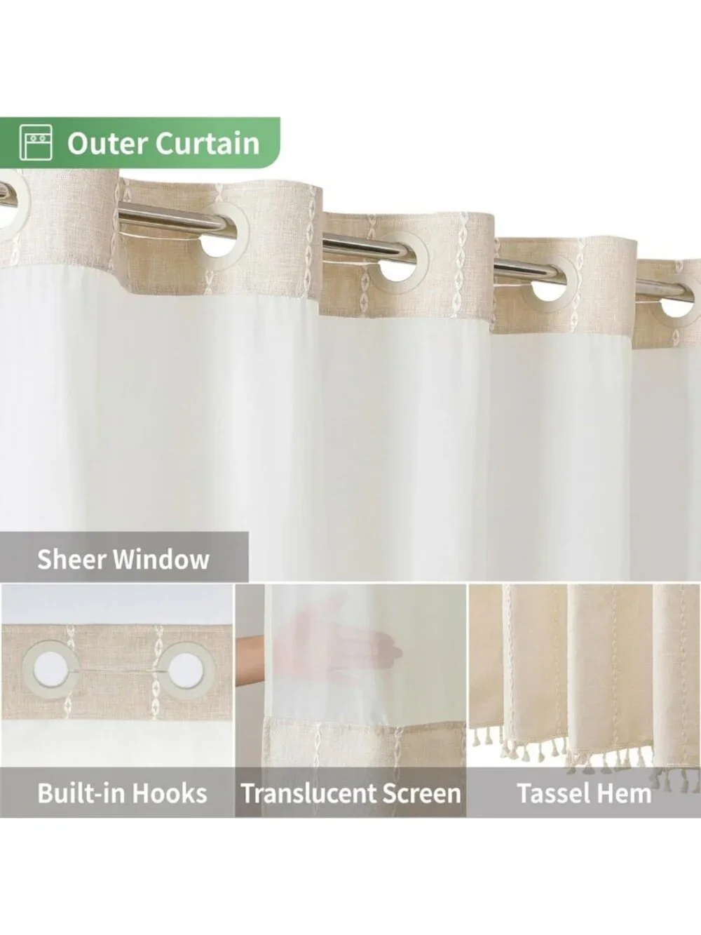 Boho Chic Extra Long Shower Curtain Set with Snap-in Liner, Water-Repellent